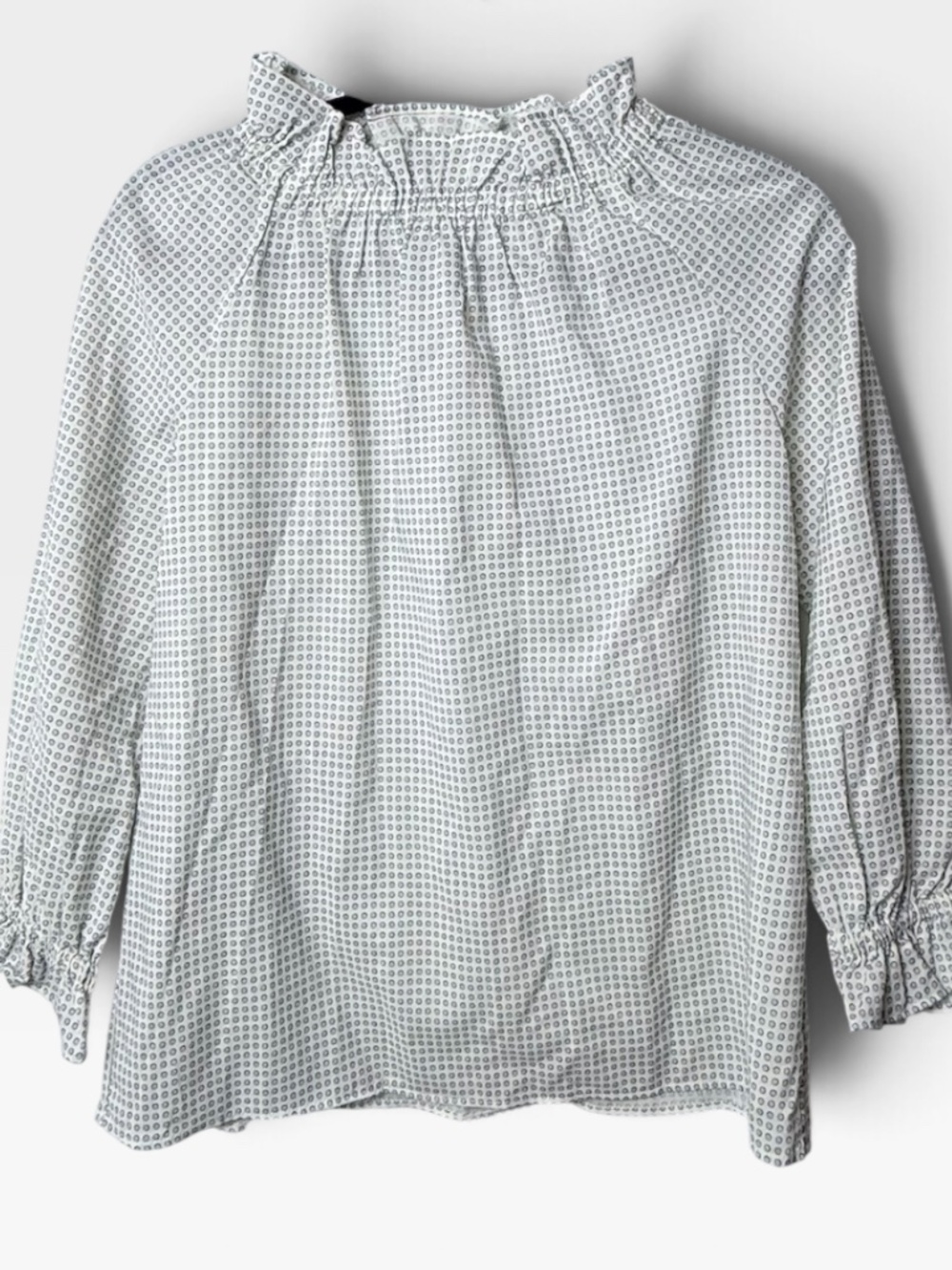 Ann Mashburn Blouse Women's Size XS Blue Dot Cinched Sleeve Wool (W)